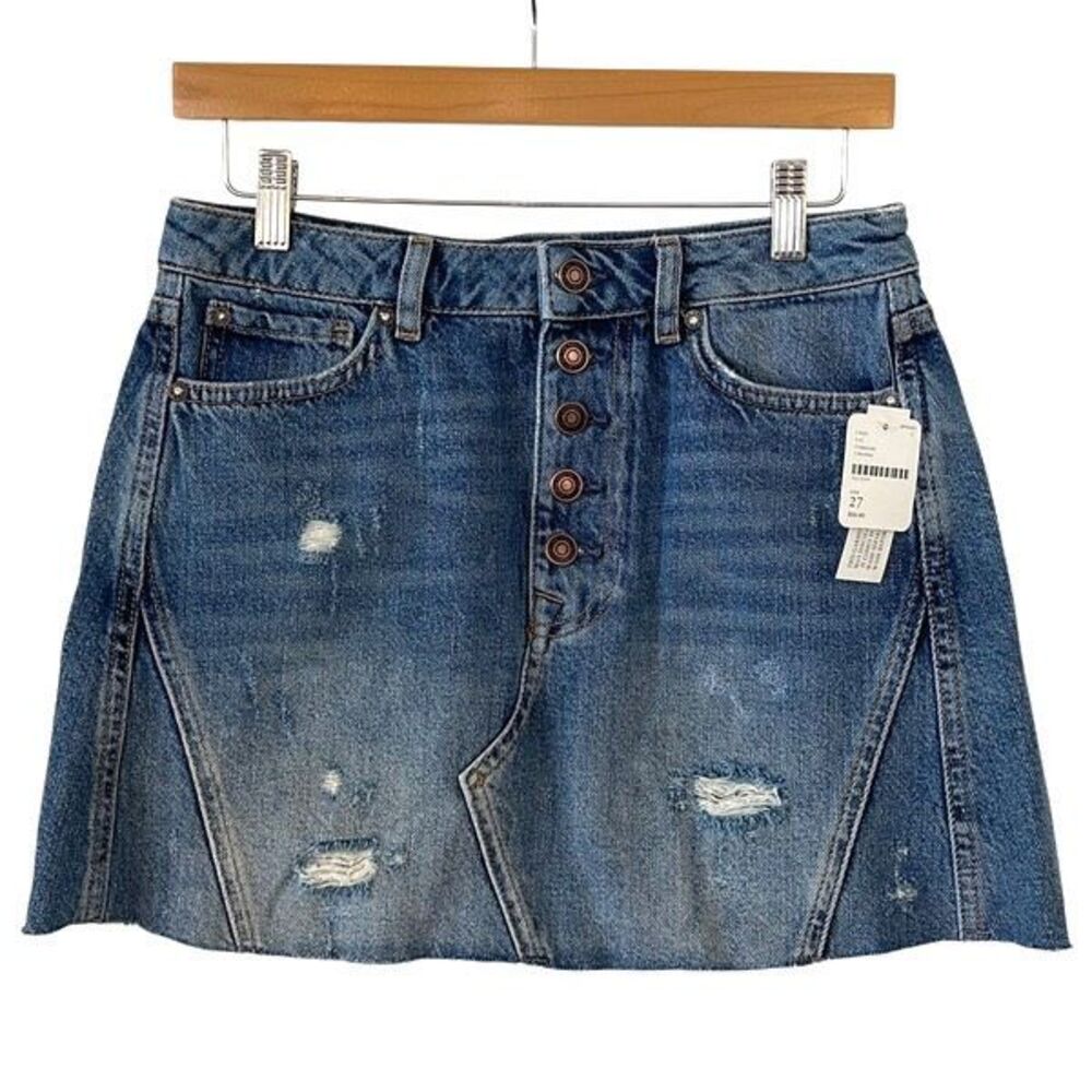 We The Free Womens Button Fly Distressed Cutoff Denim Skirt Blue Size 27 NWT